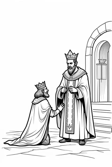 A Frankish King (Clovis) being baptized by a Christian bishop easy cartoon drawing black and white
