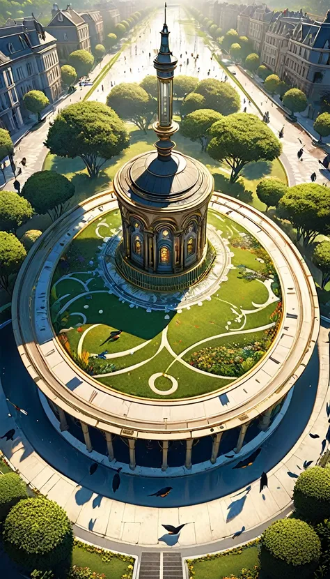 conceptual installation art, high and beautiful art, curious city seen from above arranged in 12 circular areas of the same size of 7 hectares symmetrically arranged in a circle as if they were in the place of the hours of a circular clock. Circular areas ...