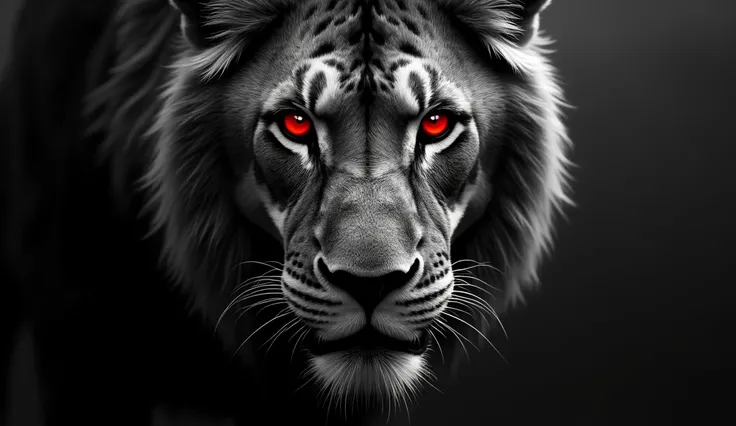 a image of a lion in black and white, with red eyes, must be a close up of the face., and just the face. the image must express extreme terrorific scene.