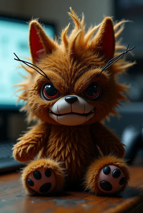 Brown plush toy with a crazy cut , with evil face and angry , appointed "ElChiappa" and gamer background