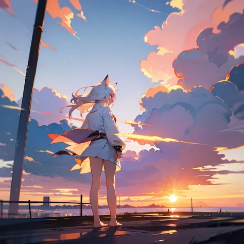 White-haired woman, back view, barefoot, cat ears, white mini skirt, 1 person, beautiful dawn sky, twilight, standing  