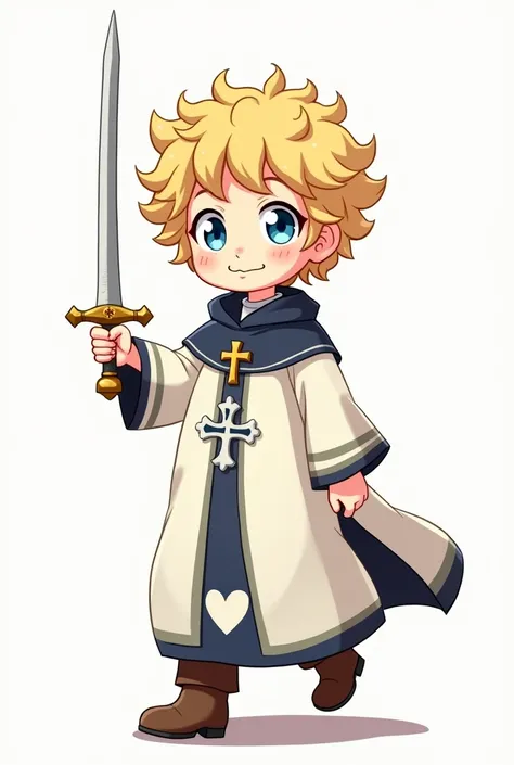 A cartoonish anime-style boy with white skin, curly blond hair, blue eyes, a long white cassock with a dark blue and white heart and crucifix, and boots with a rapier, full body