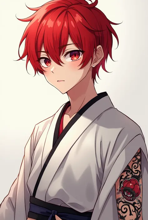 Make a man with red hair.
    The boy has red eyes.
    He is wearing a white kimono with black details..
   He has some tattoos on his arm.
  Make it in anime style.