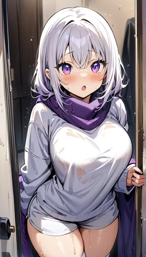 ((best quality)), ((masterpiece)), (detailed), 1 girl, long white hair, purple eyes, big, muslos big, black oversized open sweater, large white t-shirt, tight grey shorts, white high stockings, long purple scarf, in a room, surprised expression, big blush,...