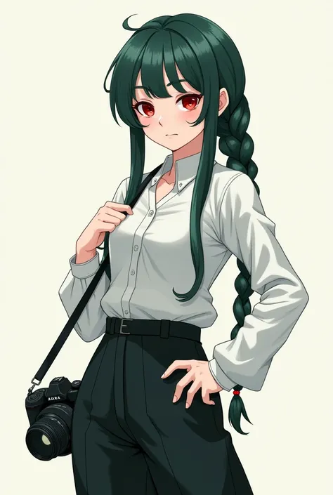 female character, white skin, long braided hair with dark green bangs, round red eyes, wearing a long-sleeved white shirt and black trousers, pose carrying a camera, plain background, 2D