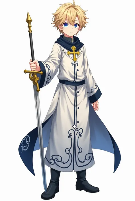 An anime style boy with white skin, curly blonde hair, blue eyes, a long white cassock with a dark blue and white heart and crucifix, and boots with a rapier, full body