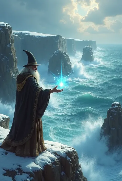 I want an image where a magician is on a mountain trying to make the big rocks in the sea disappear. 