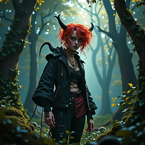 crazy young woman with red hair, in dark clothes in the forest