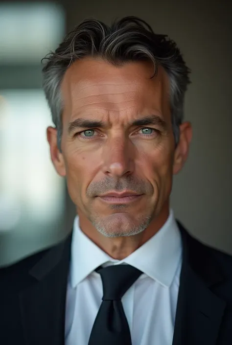 Create a high resolution photograph of a man around 4 with a strong, chiseled face and an air of authority. He has short, slightly wavy dark brown hair with subtle touches of gray at the temples, adding a distinguished look. His piercing blue eyes are shar...