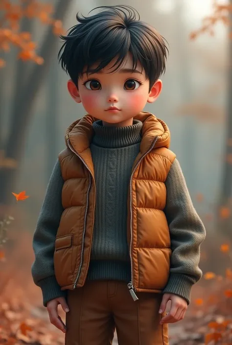 Asian boy with a medium padded vest for autumn with low colors , a thick knit sweater that matches your pants. Let the whole body be seen , from head to toe. And make it look real 