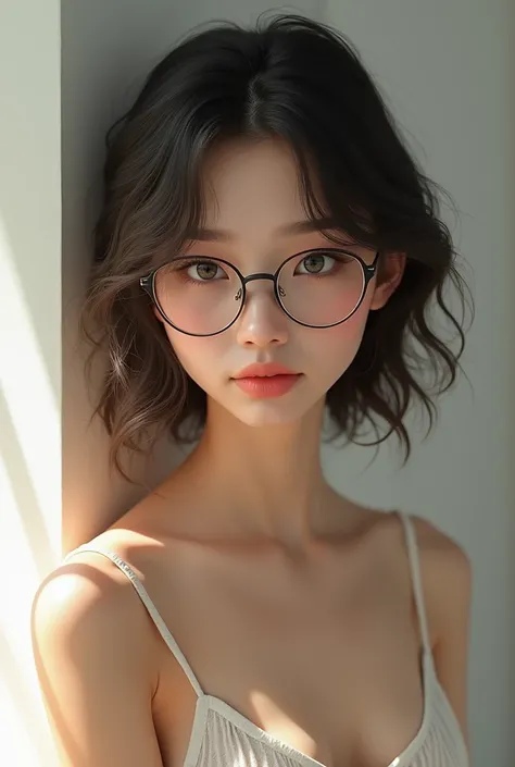 short girl. Wavy hair with glasses without clothes