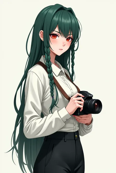 female character, white skin, long braided hair with dark green bangs, round red eyes, wearing a long-sleeved white shirt and black trousers, pose carrying a camera, plain background, 2D