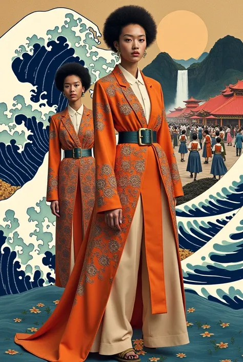 Fashion collage inspired by Katsushika Hokusai&#39;s paintings : The Great Wave off Kanagawa, Dragon Matsuri yatai and Amida waterfall