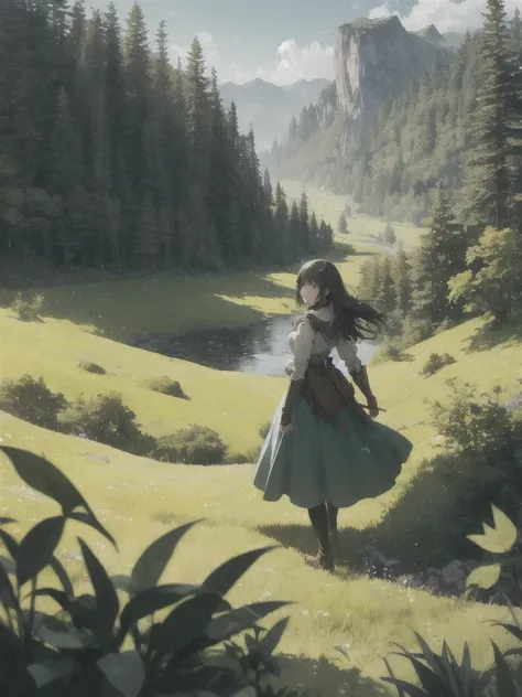 In a green meadow stands a girl leading a group of knights.
BREAK
With a brave expression, she guides them towards their destination.
BREAK
Behind her, a green forest stretches out and beyond that, mountains rise in the distance.
BREAK
The most suitable ef...