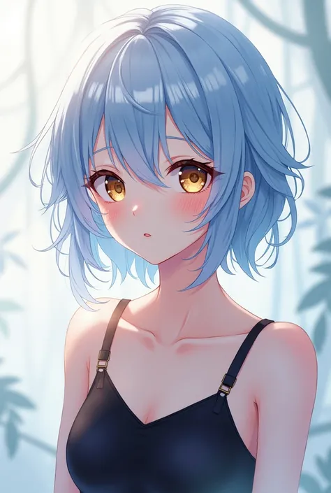 Anime girl with short light blue hair with white highlights and a black dress and slanted yellow and brown eyes giving a beautiful look 