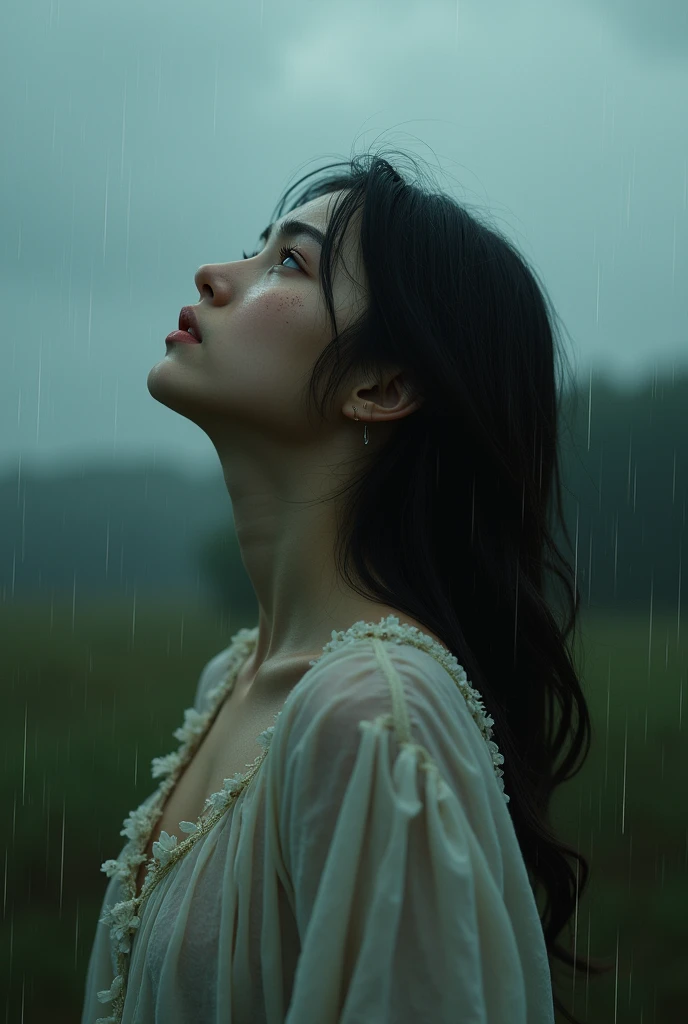 Generate an image of a young woman looking at the sky, while crying under the rain. 