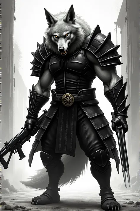 Wolf in the black and white Wolverine samurai suit with black guns on his legs 