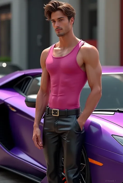 man, beautiful, Handsome, white, skinny, soft leather, rostro Handsome camisilla musuloso  rosada a lado de un  lamborghini  play boy  Anatomico lila de cuerina 