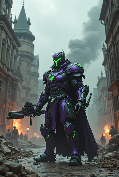 medieval city being destroyed by a villain in purple and green tech armor