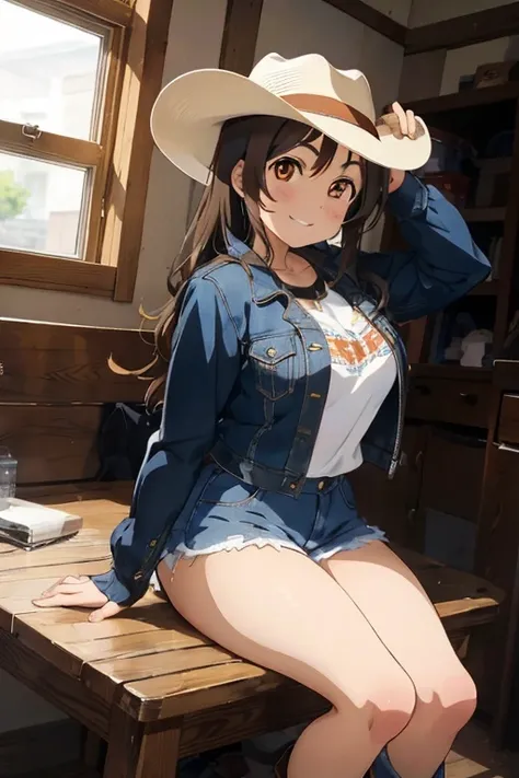 1 female, brown long anime hair, huge breast, teenage girl, brown eyes, thick eyebrows, cowgirl clothes, cowboy hat, jean short, jacket, boots, house, thick legs, home, happy face, sitting down, in the chair, thick ass, ass, grabbing own ass