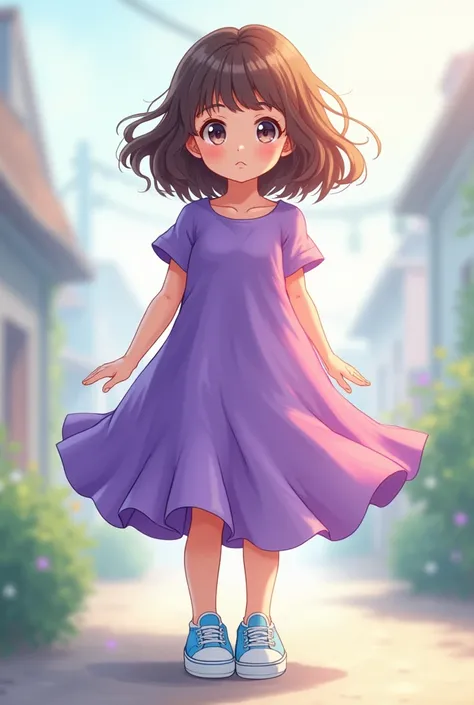 anime. Imagine a girl, medium wavy brown hair, with a purple dress, and blue sneakers