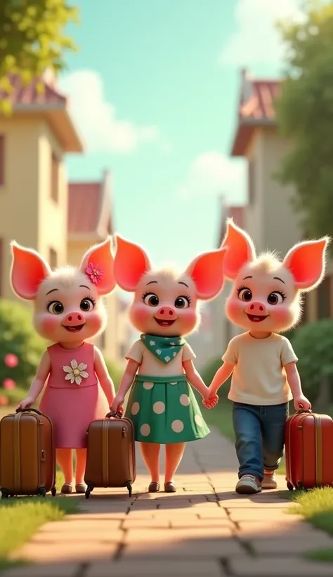 Pixar style, 3d, 3 cute happy piglets in skirts are leaving home with suitcases，Wave goodbye, The piglet on the left is wearing a pink dress with white flowers, The other piglet in the middle is wearing a green skirt with white polka dots, The piglet on th...