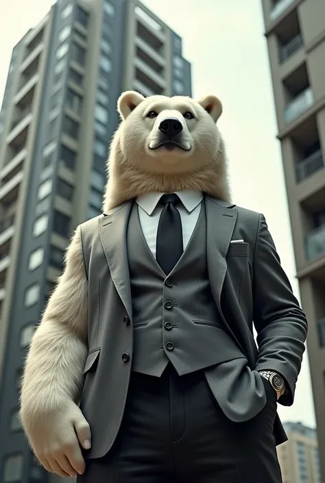 He has white fur, a big body, wears a gray suit, and black pants, handsome, standing in front of the apartment.