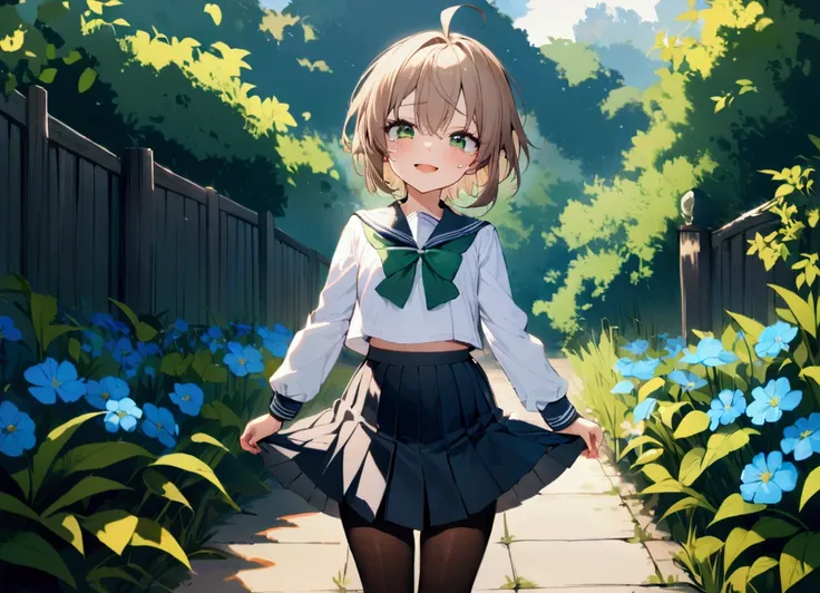 1girl, petite, androgynous, solo, green eyes, school uniform, skirt, sailor collar, green bow, serafuku, long sleeves, short hair, shirt, bow, ahoge, bangs, white shirt, pleated skirt, outdoors, brown hair, green bowtie, black skirt, facing viewer, bowtie,...