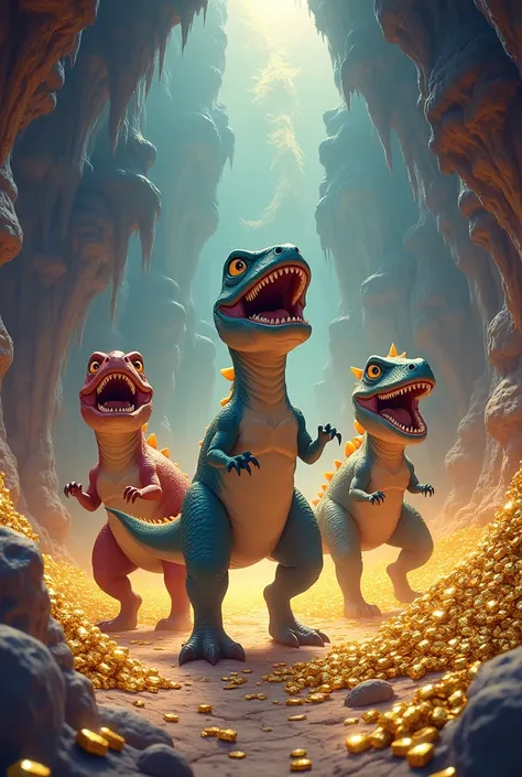 Three dinosaurs entering a treasure cave surprised in anime style 