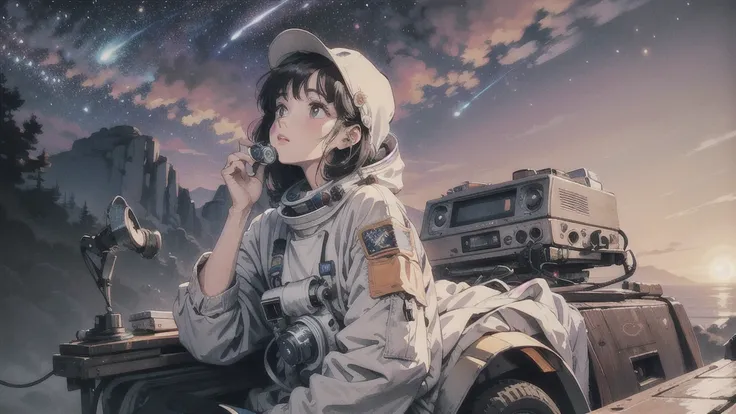 universe space、A beautiful woman is looking up into space、Space Suit、There is an old cassette radio nearby.、