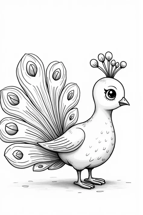 Draw a peacock in cute black and white style to color 