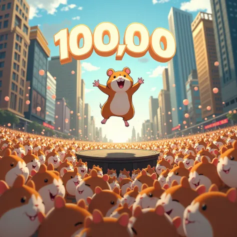 Thousands of hamsters have gathered in the center of the city of Melbourne, Australia, and one hamster in the middle of the crowd jumped in the air on the platform and opened its arms in joy, and the number 100,000 was written above the picture.