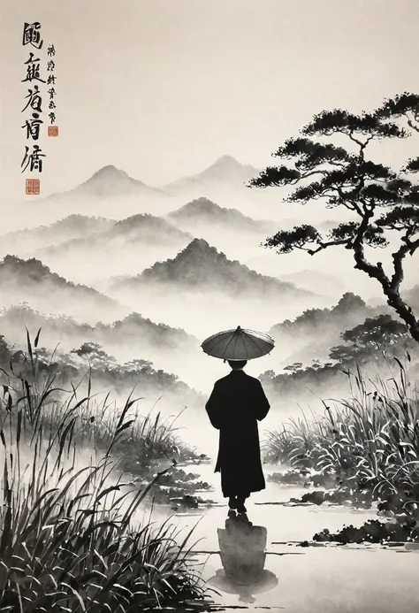 elderly，man，black and white painting，outline with black ink，smooth lines，通过墨迹的浓淡对比展现man的表情和姿态，minimalist background，emphasize li...