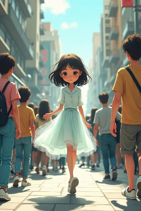 Cartoon of an almost transparent girl walking among people 