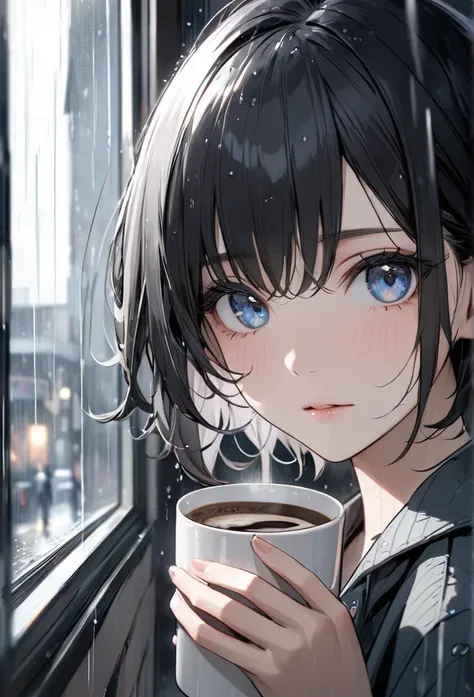 Upper body close-up（((masterpiece), on)"Perfect face, short black hair, beautiful eyes, Japanese, clean facial features, sitting by the window at a café on a rainy day, holding a coffee cup while gazing at the rain outside"