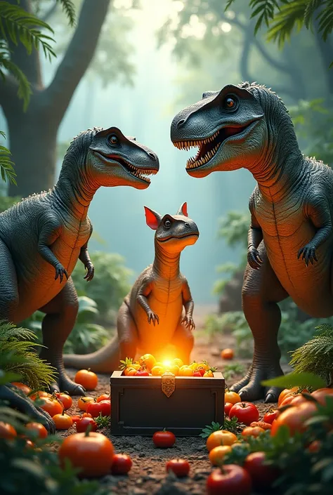 Three dinosaurs looking at a treasure chest surrounded by fruits and vegetables 