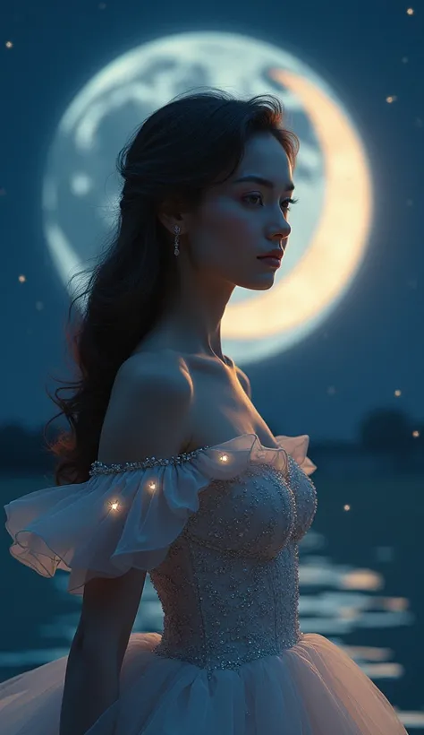 Create an elegant evening scene with a crescent moon as the focal point. The model wears a gown that mirrors the gentle curve of the crescent moon, and the makeup features subtle lunar-inspired accents. The scene is a celestial soirée under the moonlit sky...