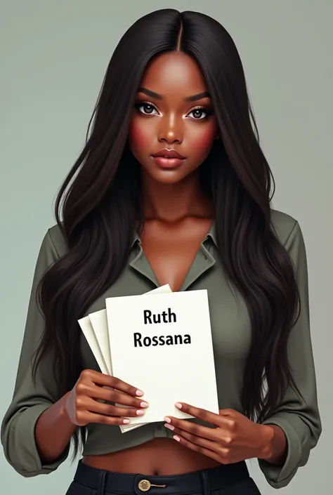 Beautiful black girl with long straight hair wearing a mini shirt holding white documents with text"Ruth Rossana" and showing it to the viewer