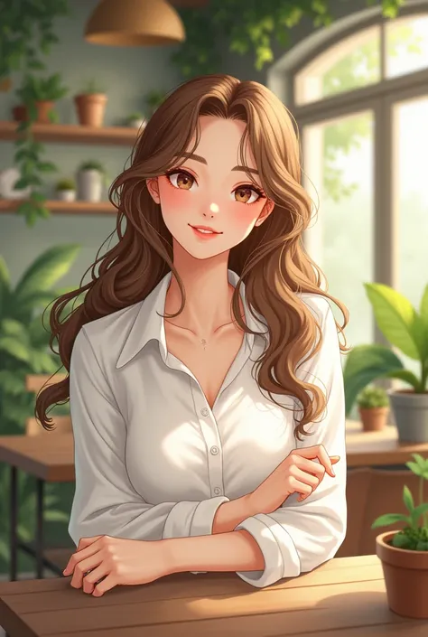 Her hair is light brown.。White shirt blouse。Age: 20。Refreshing illustrations。
A cafe surrounded by greenery。