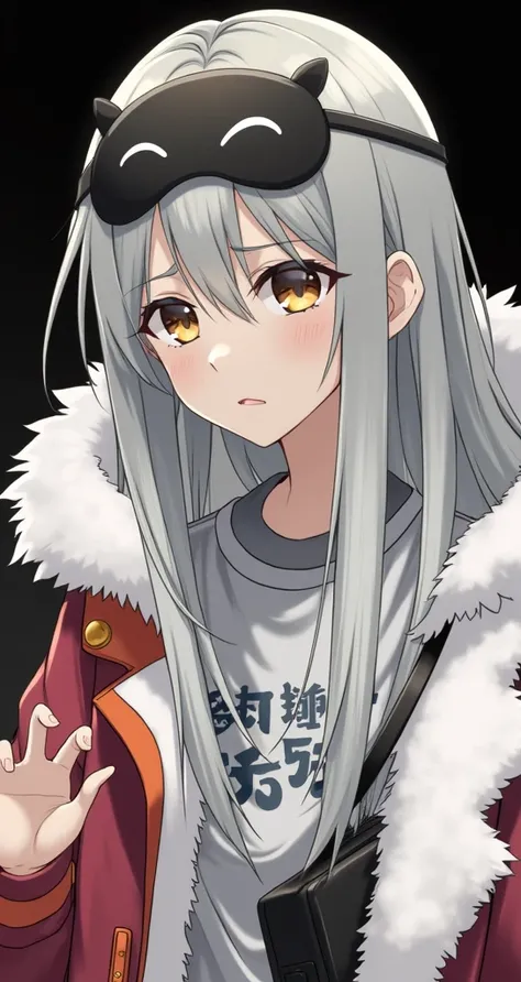 Here is a detailed description of the character from the image:

She has long, straight silver-gray hair., that fall softly and without much adornment. Her hair style is simple, yet elegant, suggesting a character who prefers a more casual approach. Her ga...