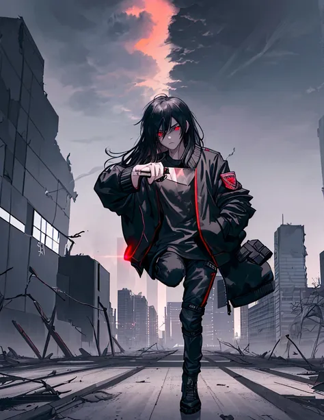 1man, wearing bomber jacket with long black hair, looking down holding a knife, on an abandoned highway during the apocolypse, perspective towards an abandonded city with dying ruby light panning from the sky and bouncing off the glass of the buildings, hi...