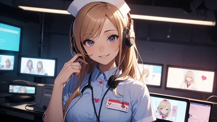 Masterpiece, ultra high quality anime style illustration, 8K, (Hospital at night), very beautiful 20 year old ((female nurse)), ((very beautiful girl)), ((smiling)), ((headphones)), ((heart rate meter on phone screen)), ((holding the screen up)), (((showin...