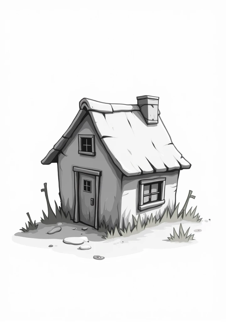 Game Icon,45 degree oblique viewing angle,Cartoon simple black and white,A small shabby house