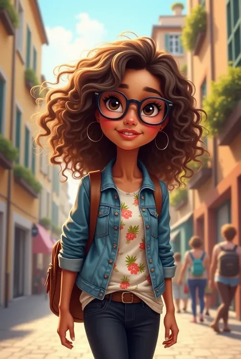 n illustration of an adorable woman with curly light brown hair, dark-framed glasses, small dark eyes, and a straight, prominent nose. Her skin is bronze-toned. She is wearing a floral shirt, denim jacket, black pants, and a backpack as she walks through a...