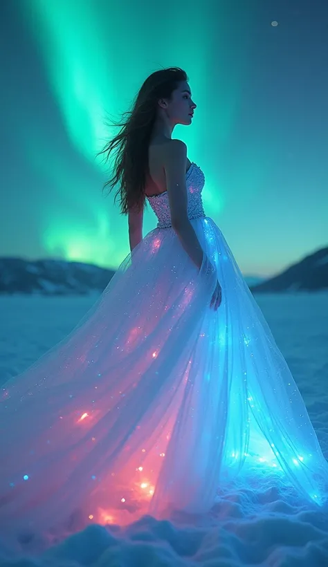 Create an image where a model is wrapped in a gown that mirrors the ethereal dance of the Northern Lights. The makeup palette is inspired by the hues of the aurora borealis, and the scene evokes a dreamlike atmosphere filled with radiant colors. 