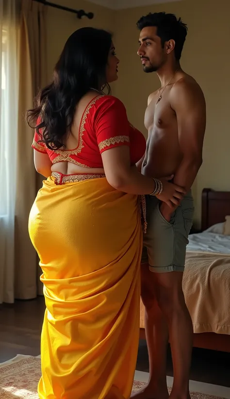 I am 40 year old tall giant plus size beautiful chubby fat indian women wearing shining transparent yellow silk saree and eed silk blouse,giant ass, huge ass,big ass, huge breast,my 20 year old shirtless extremely skinny unmuscular shy boy friend wearing o...