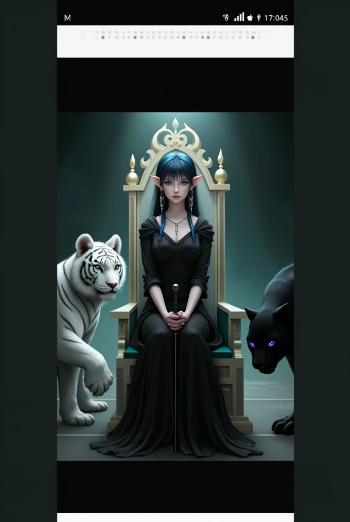 Hunger of the 20s with black hair with blue and purple highlights, gray eyes, elf ears with arrow-shaped earrings centered on a throne holding a black sword at the foot of the throne there will be a white tiger and a black panther leaving to the side a thr...