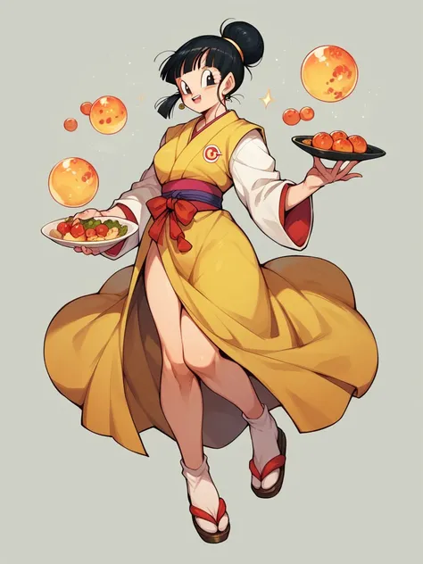 Chichi (Dragon Ball) wearing a yellow Japanese dress and serving food and full body