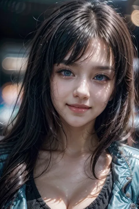 1girl, Teen, High Resolution, Smile, Blue eyes, Bangs, Looking at viewer, Best Quality, Happy, Close-Up, Realism, Depth Of Field, Bokeh, Headphones, Cyberpunk Jacket theme, Masterpiece, Long Hair, Hime Cut, Black Hair, Ray Tracing, Nights, Cyber punk City,