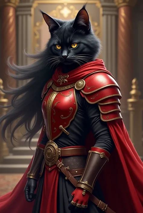 Neko royal guard with black hair wearing light red armor and a black outfit and brown belt and glove